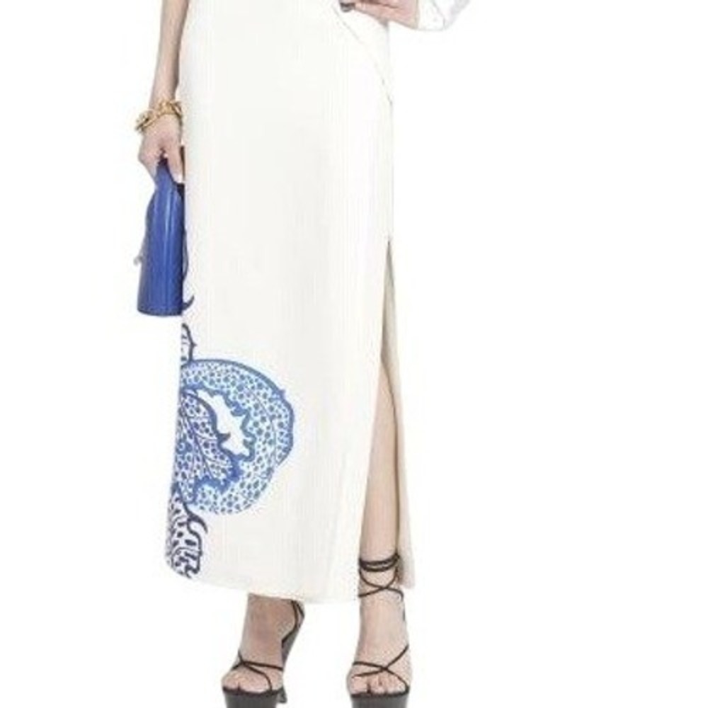 FERRAGAMO NWT Womens 4 Off-White Blue Floral Cady Maxi Skirt Button Closure NEW